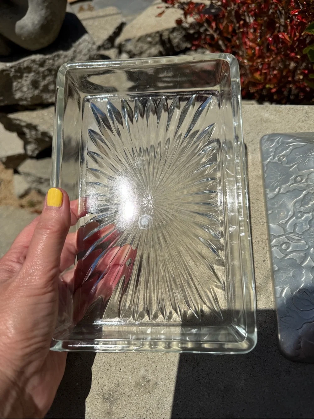 Vintage, gorgeous embossed  Metal Covered Glass Dish